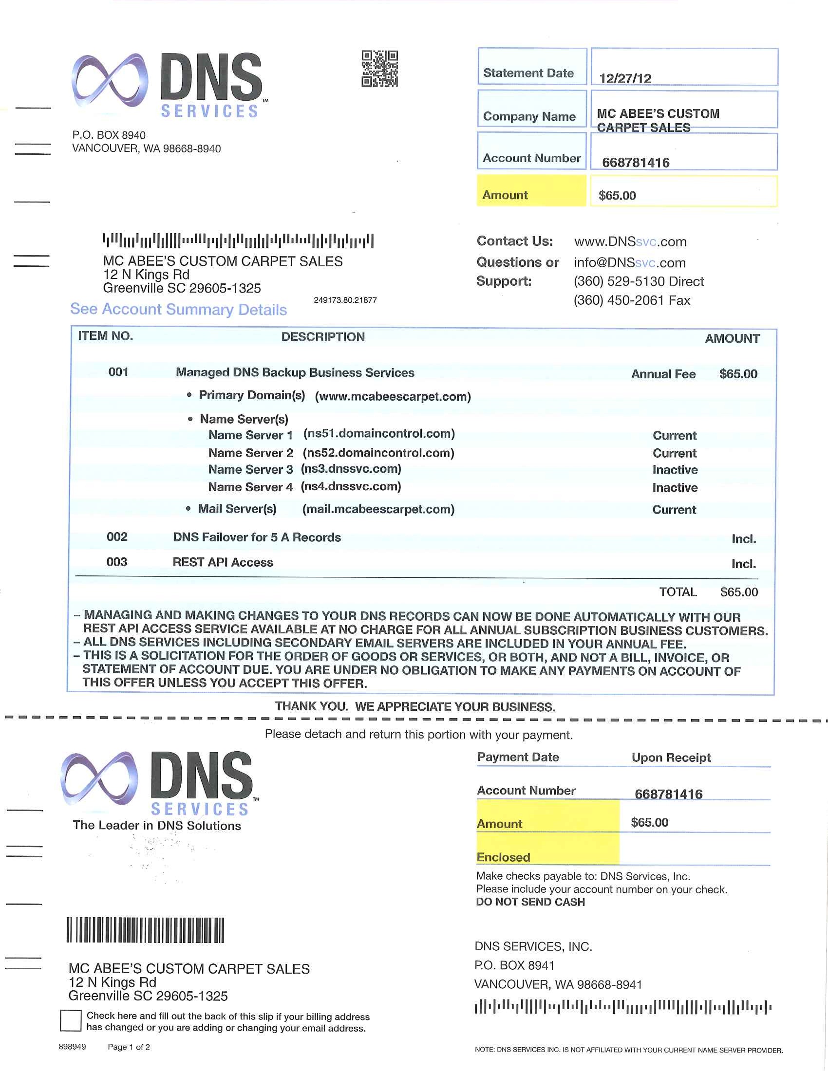 DNS Services bill invoice scam