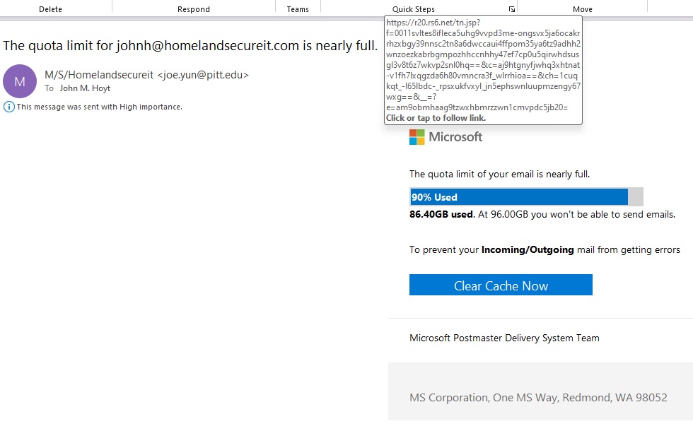 Bogus Microsoft 365 quota full email